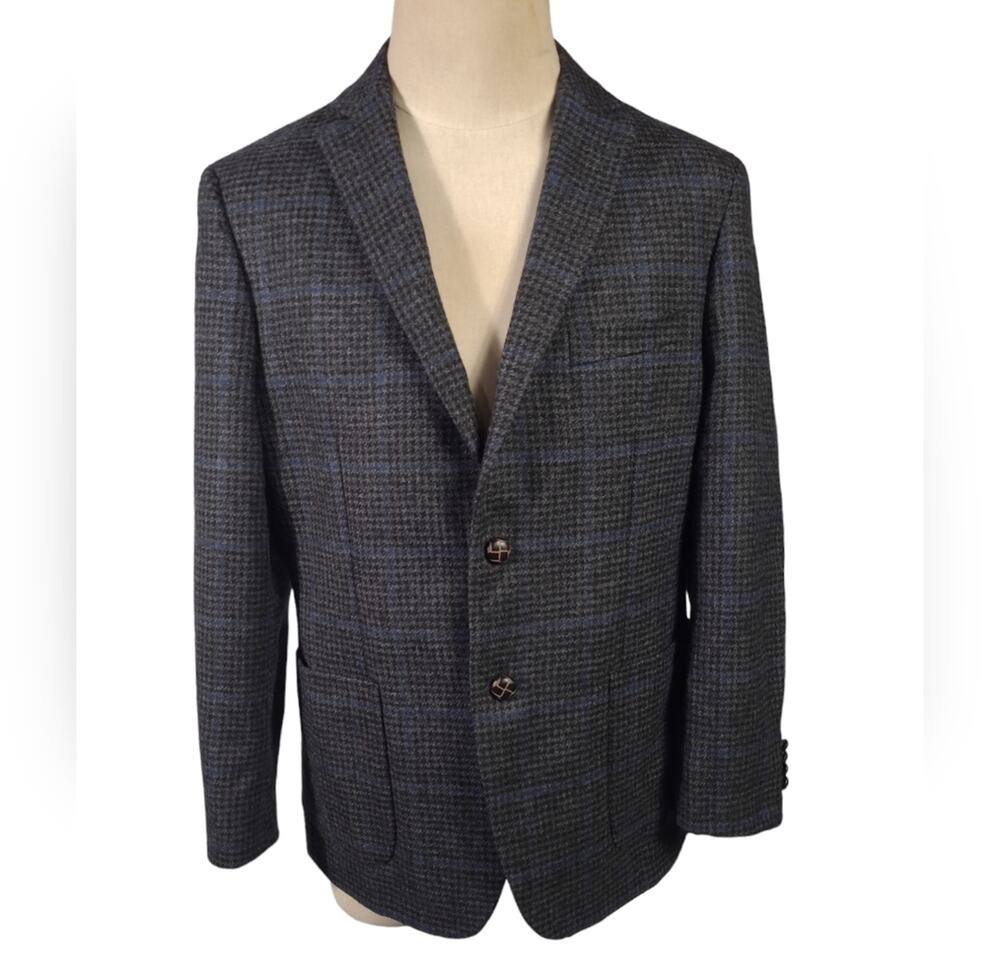 Austin Reed 42R Prince of Wales Check 100% Wool Suit Jacket Grey Blue Two Button